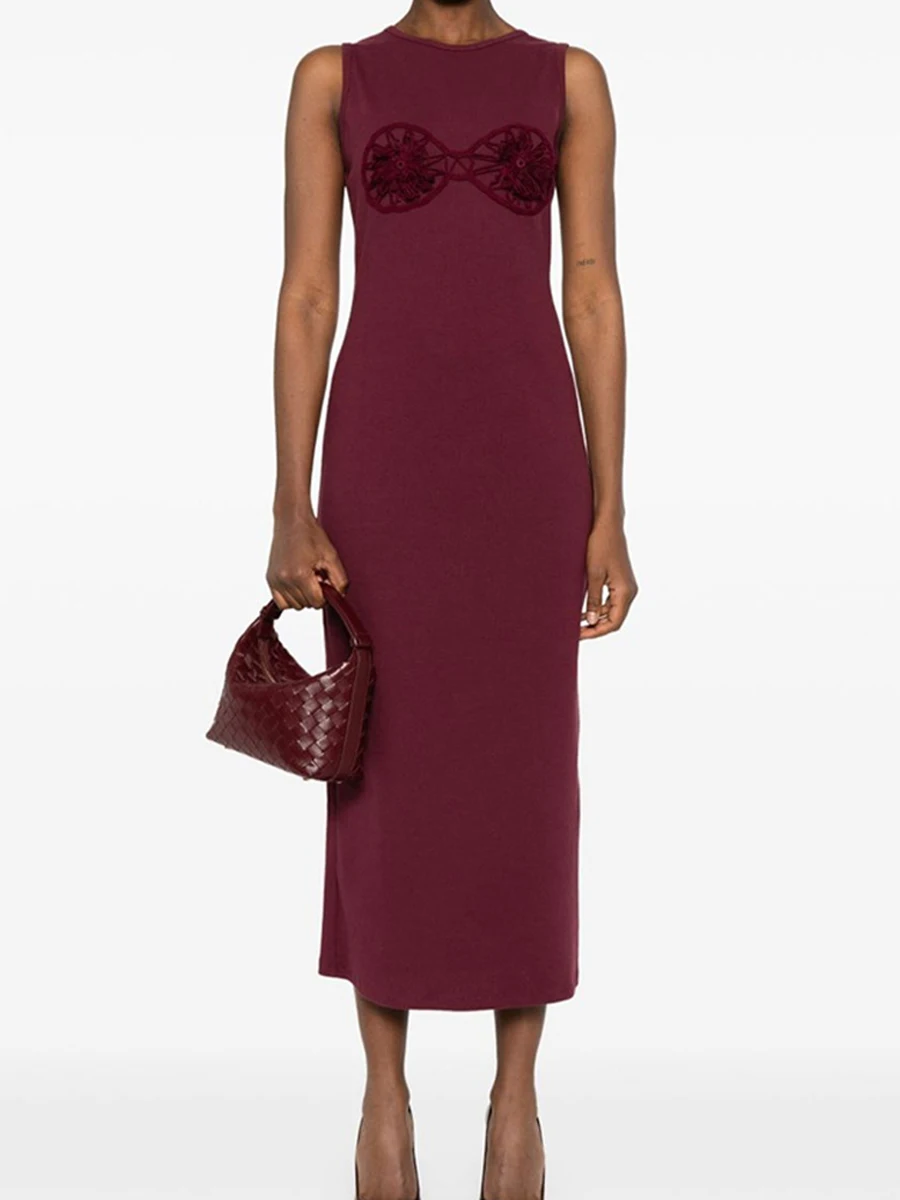 Twotwinstyle 固体痩身スプライシングアップリケロングドレス女性のためのラウンドネックノースリーブミニマリストドレス女性服新