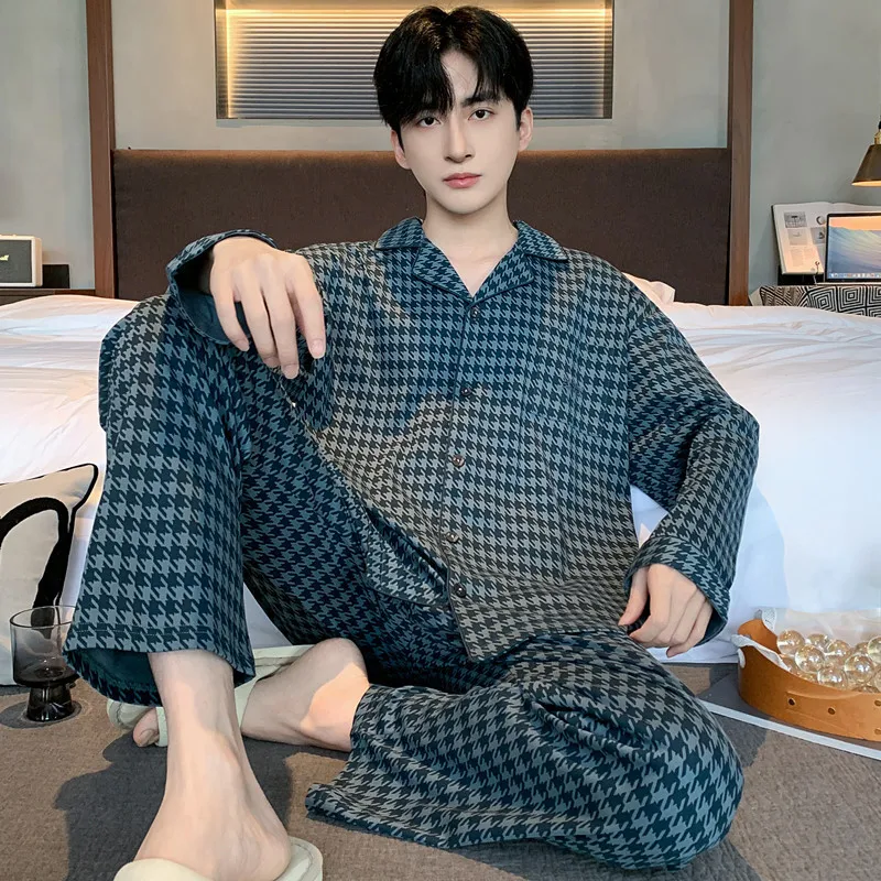 

Cotton Men Pajamas Set Autumn Long-Sleeved Cardigan Plus Size Men Houndstooth Home Clothing Elegant Sleepwear 2PCS/Set Dropship