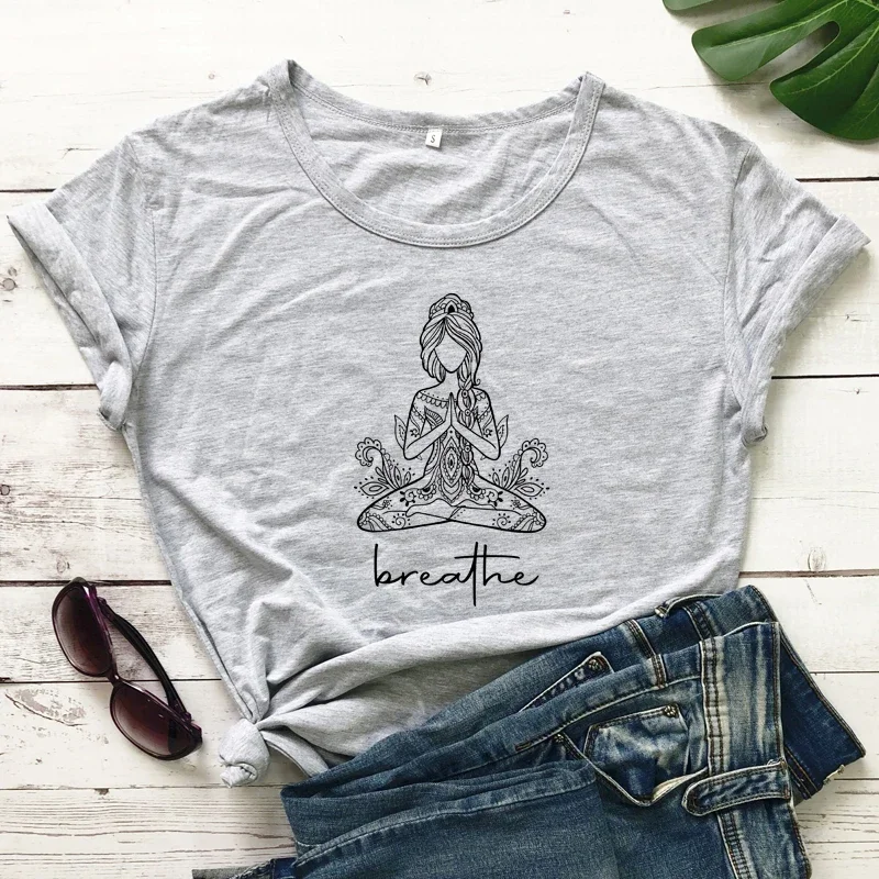 Meditation Girl T-shirt Boho Yoga Workout Breathe Top Funny Women Leisure Graphic Namaste Tee Soft Creative Short Sleeve