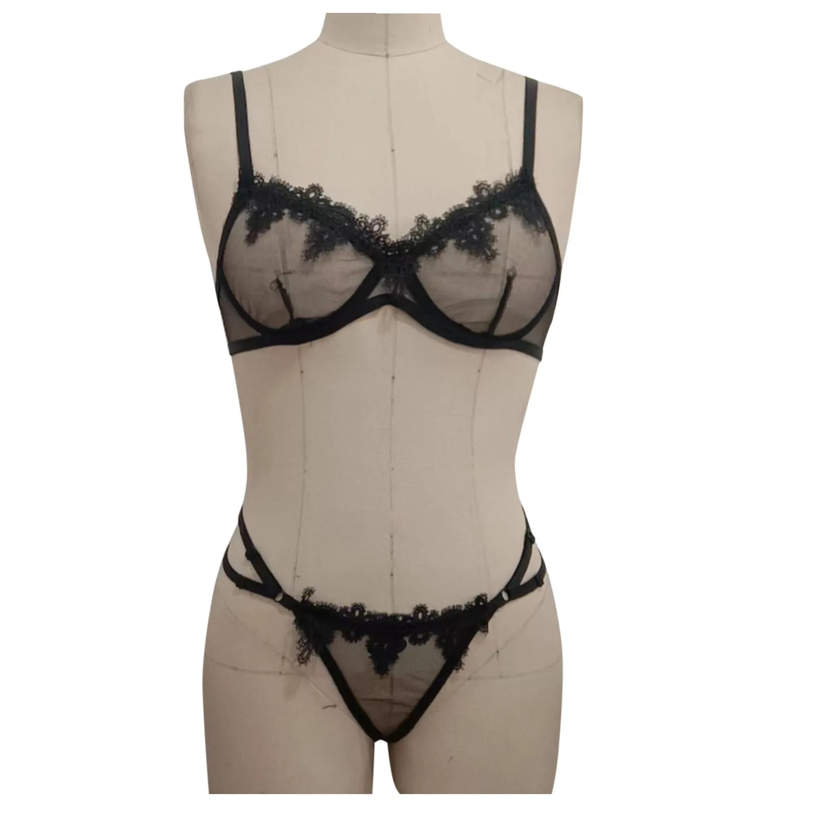 Conjuntos de ropa interior de encaje de malla para mujer, body transparente con lazo, anillo de acero Sexy, Bralette, sujetadores y bragas,