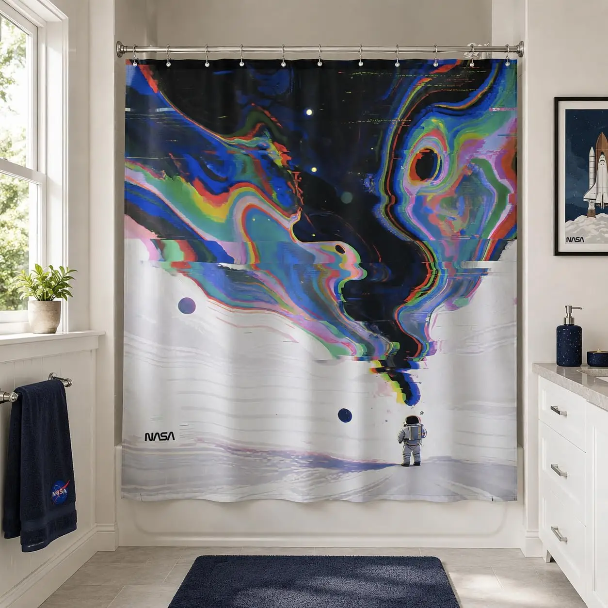 Highly Decorative Waterproof Galaxy Nebula Shower Curtain with Astronaut Space Art Prints Polyester Material for Modern Bathroom