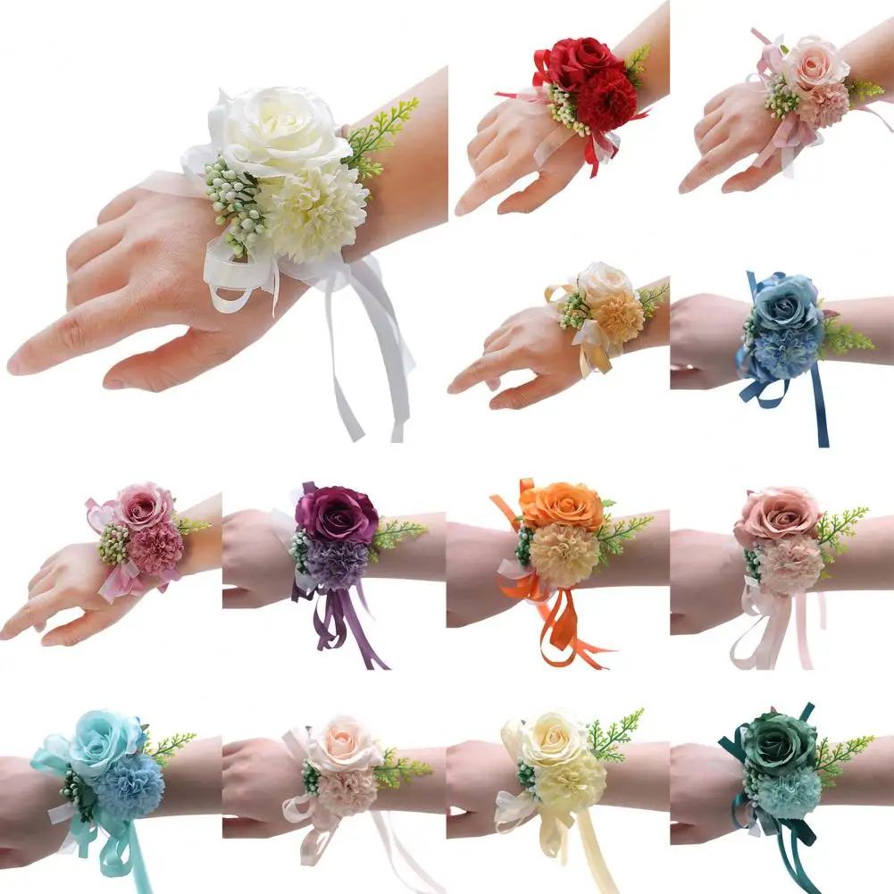 Wrist Flower Non-Fading Multi-color Decorate Wedding Corsage Bracelet Elegant Bride Groom Fake Wrist Corsage for Party