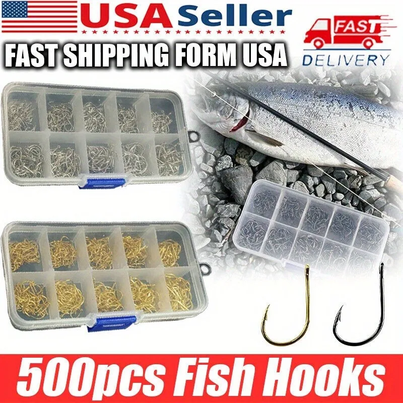 500pcs Black Fish Hooks 10 Sizes Fishing Black Silver Sharpened With Box Quality kit