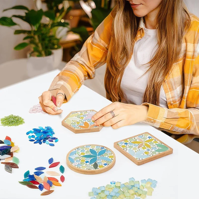 Set da 3 pezzi Kit artigianale per mosaico di foglie fai-da-te Set di sottobicchieri per mosaico di bambù fai-da-te Set di piastrelle per mosaico in vetro fai-da-te Decorazioni per la casa Regalo di compleanno