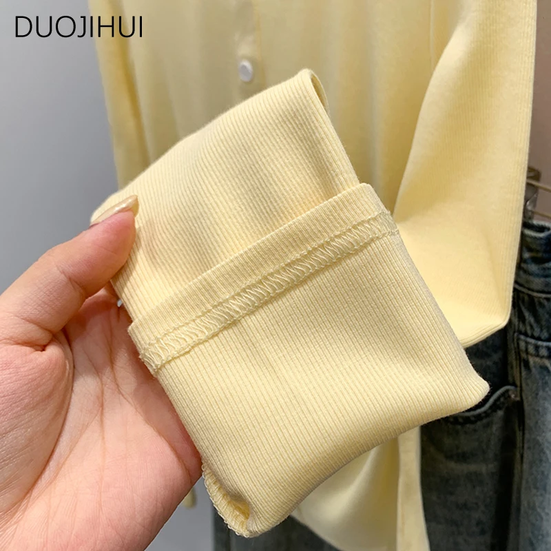 DUOJIHUI Yellow Classic O-neck Simple Casual Women T-shirts Autumn Chic Button Pure Color Basic Long Sleeve S-XL Female T-shirts