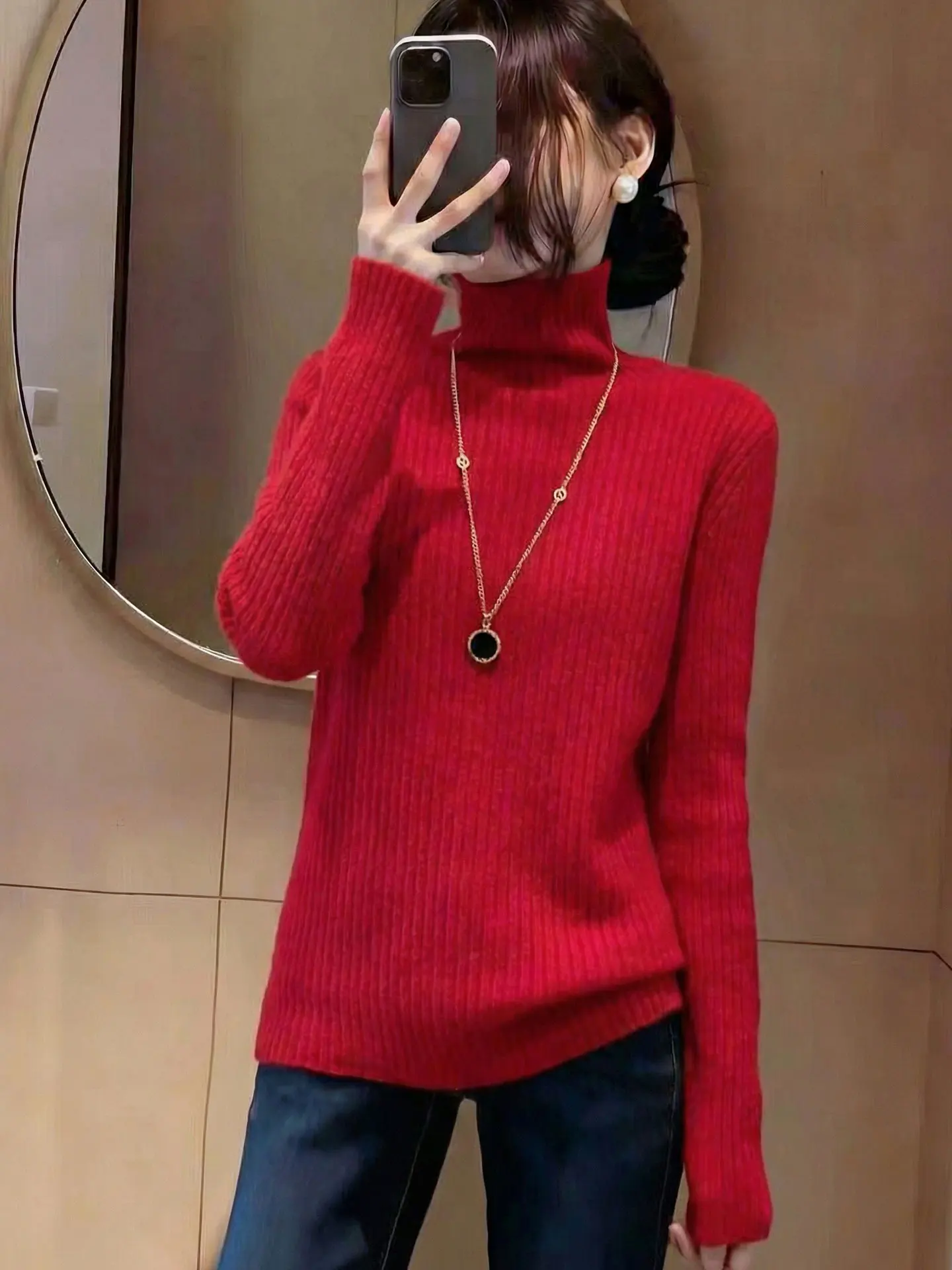 

Вязаный свитер с высоким воротником и длинными рукавами цвета вишневого красного, женский, модный, весна 2026, для повседневной носки, стандартный крой, теплый, согревающий топ