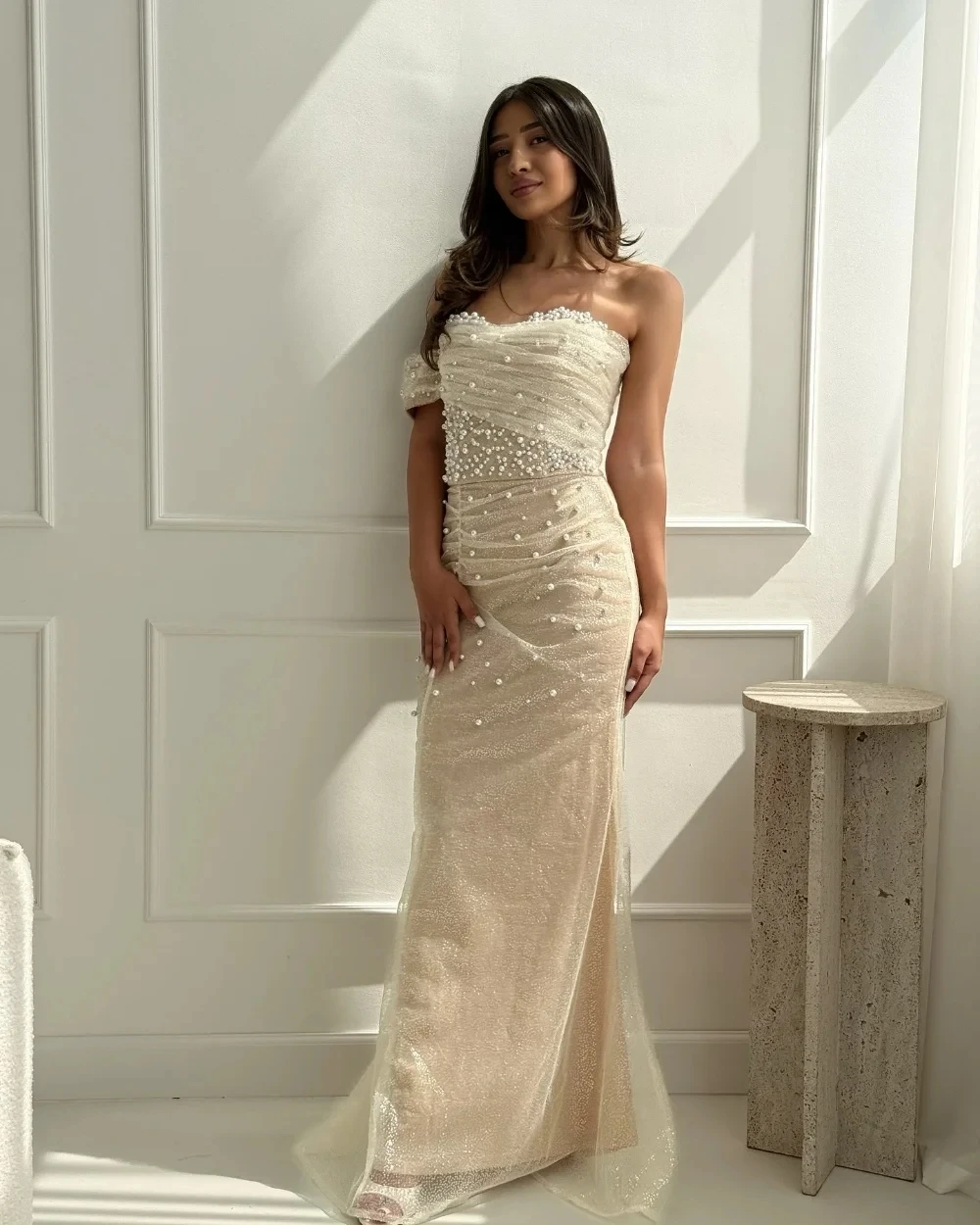 

Champagne Pearl Long Bespoke Occasion Gown Evening Dresses Pastrol Unisex Jersey Retro Dubai Saudi Arabic Israel Prom Customized