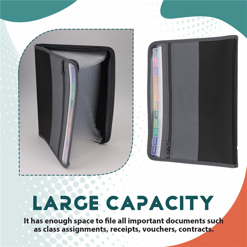 

J1UL1N 13 Pocket File Folder Storage Rack,File Box Storage Bag,With Zipper, Suitable For A4 Paper, Banknotes,Document Receipt
