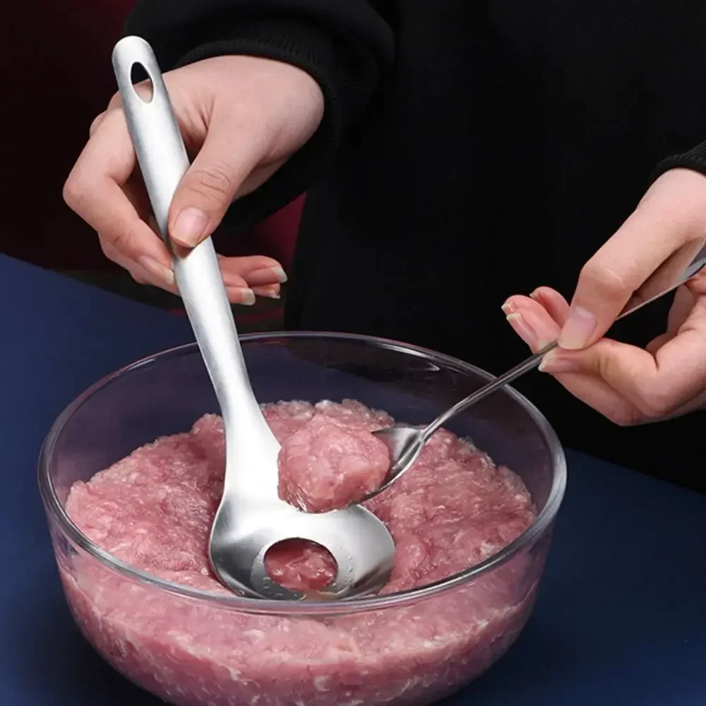 Stainless Steel Croquettes Meatball Spoon Mold with Round Hole Hangable Meatball Maker Spoon Non-stick Meat Press Tools Home Use