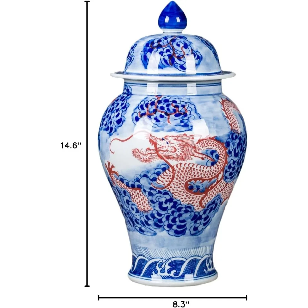 Handcrafted Blue & White Porcelain Ginger Jar with Lid, Decorative Dragon Design