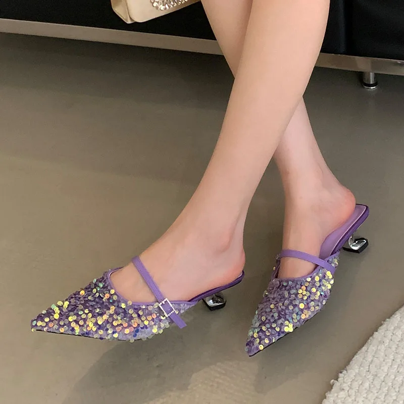 Sepatu hak rendah wanita, Kasut pantofel Pump Slip On mewah Bling ujung lancip