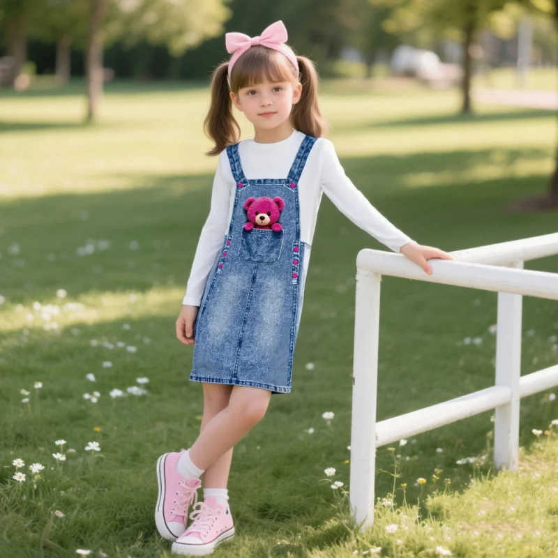 

2025 New Style Girls' Sweet Bear Print - Imitation Denim Fake Two-Piece Dress - Suitable for Daily Wear or Outings