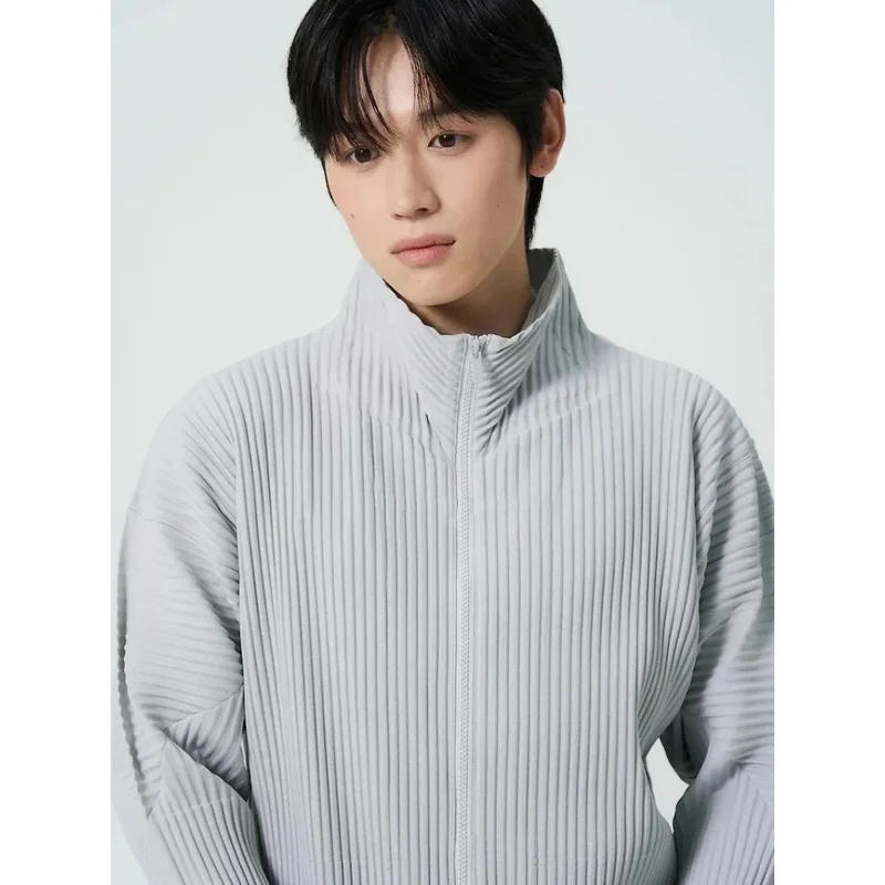 Miyake Pleated Men's Zip Up Jacket Plisse Cardigan Two Way Zipper Oversized Loose Fit Japanese Streetwear Casual Outerwear