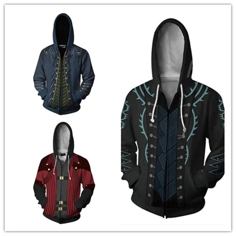 DMC 5 Vergil Dante Cosplay Sudadera con capucha 3D Impreso Sudadera con capucha Hombres Mujeres Casual Zip Up Chaqueta Abrigo