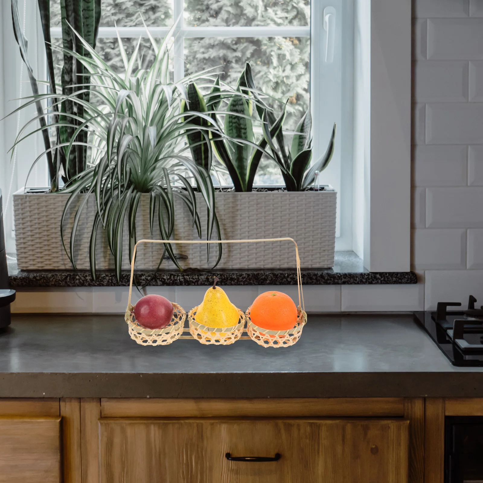 

Bamboo Basket Woven Storage Basket H made Snack Fruit Bread Tray Multifunctional Home Kitchen Decorative Portable