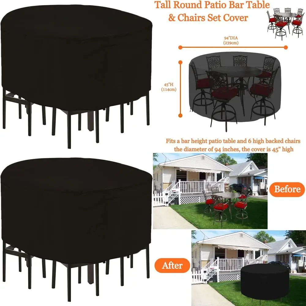 

Heavy-Duty Waterproof Outdoor Patio Bar Height Table and Chair Set Cover, 94 Diameter x 45 H, Black