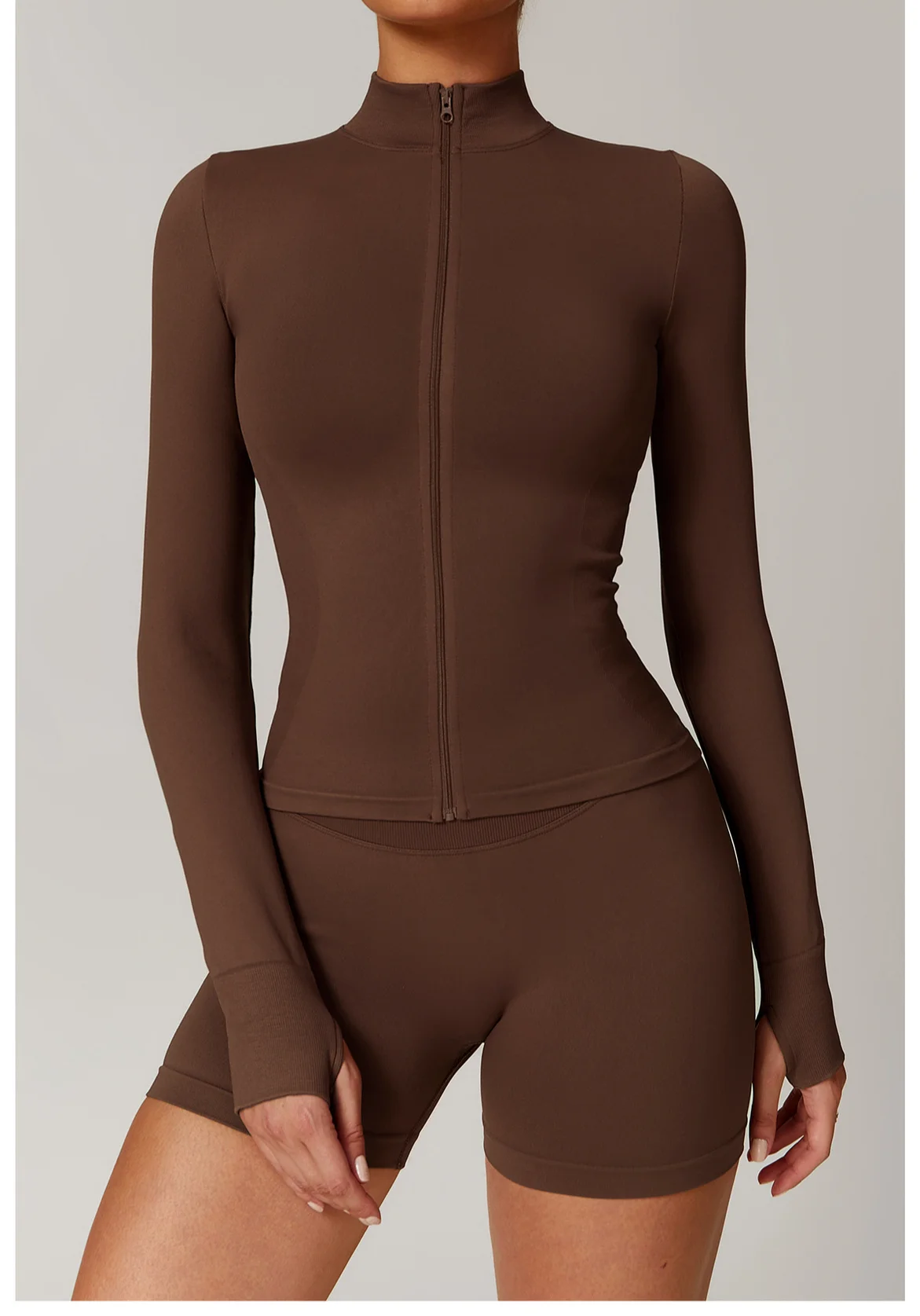 Women's Seamless Long Sleeve Yoga Top Ribbed High Neck Full Zip Slim Fit Sports Jacket Thumb Hole Workout Gym Running Activewear