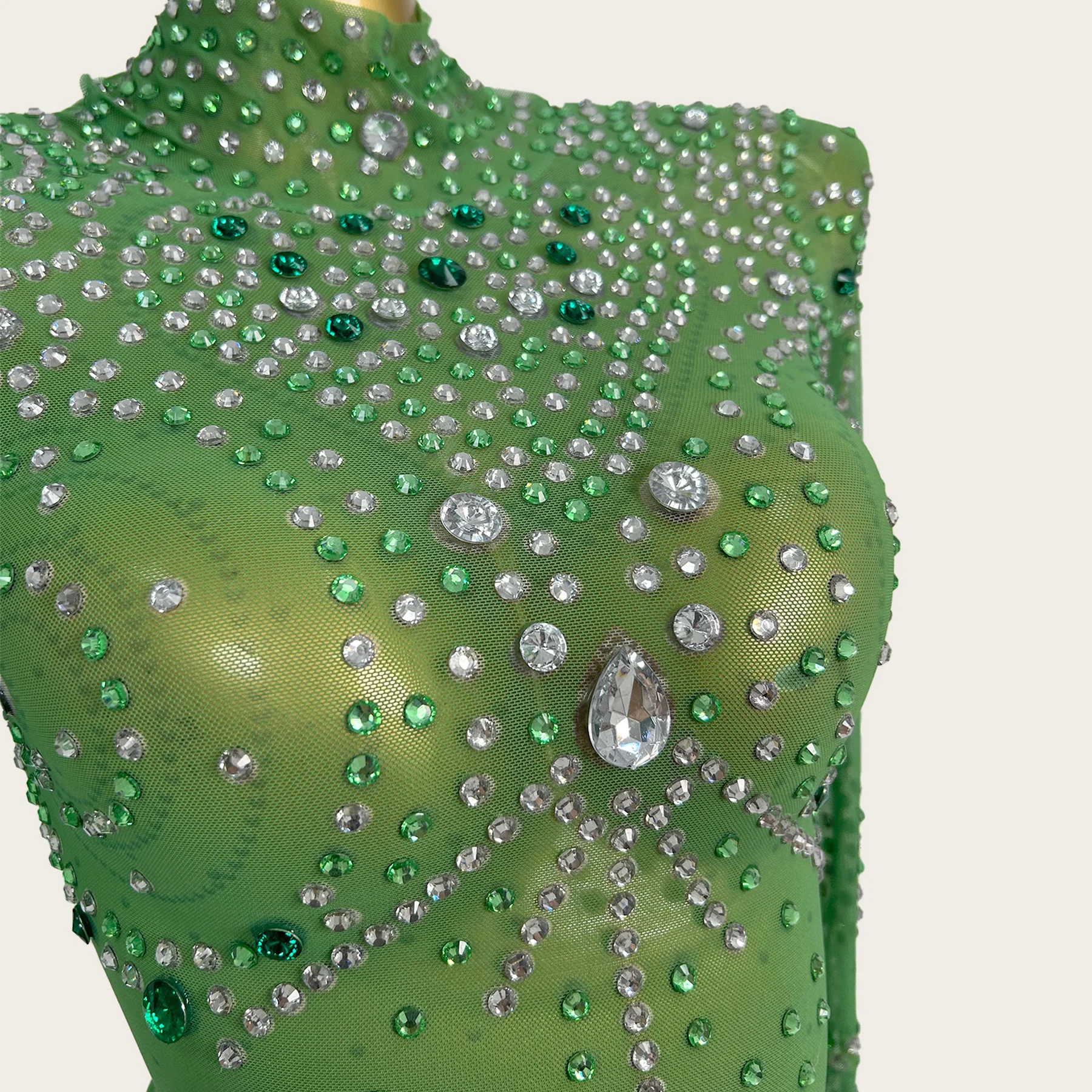 Sparkly Rhinestone Green High Neck Bodysuit Sheer Mesh Long Sleeve Costume Women Nightclub Party Stage Performance Wear Jinse