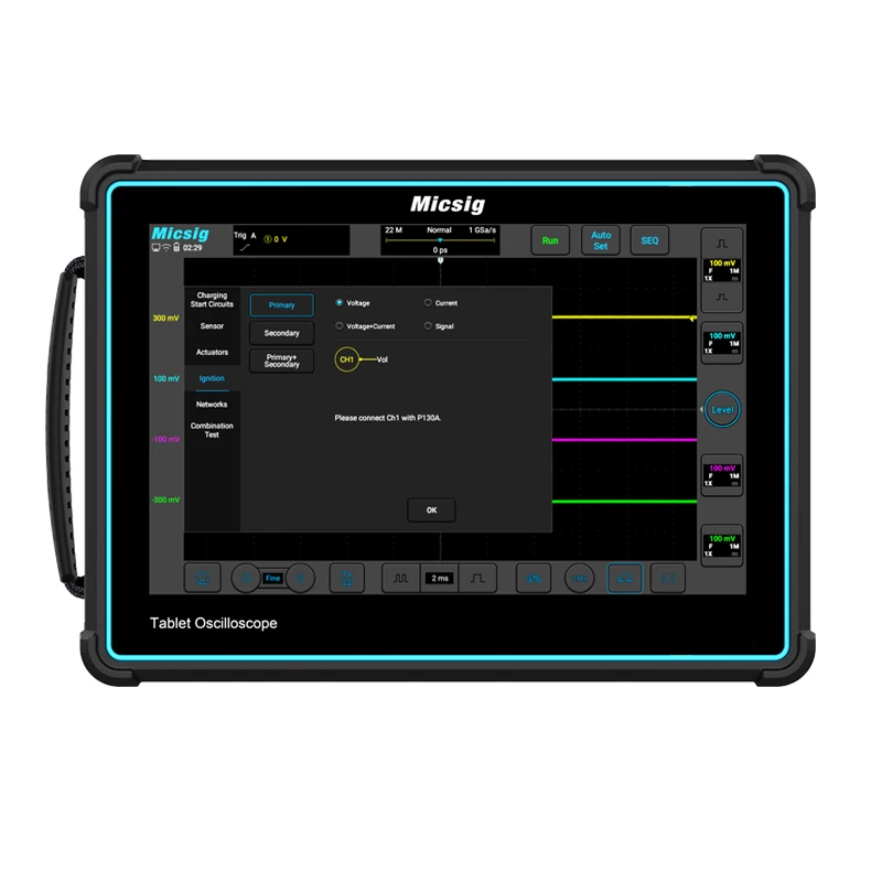 

Micsig Digital Storage Oscilloscope 2 Channels 200MHz 1GSa/S 110Mpts Memory Depth Tablet Oscilloscope Automotive Micsig ATO2002