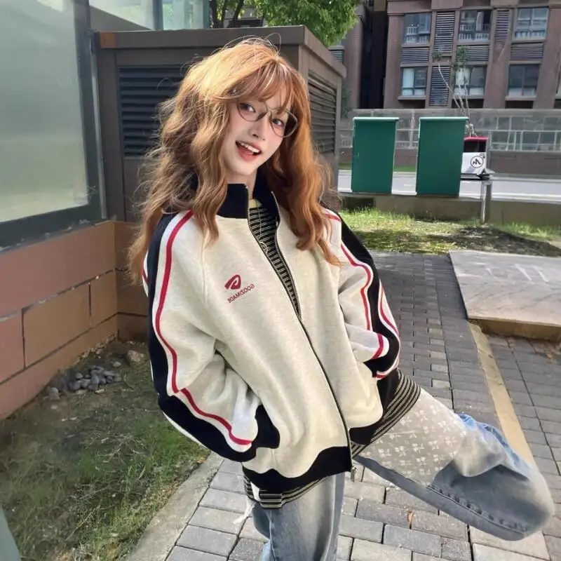 

Толстовка с капюшоном и воротником-стойкой в американском стиле, ретро, женская осенняя новая модель, свободное пальто для пар High Street, повседневное