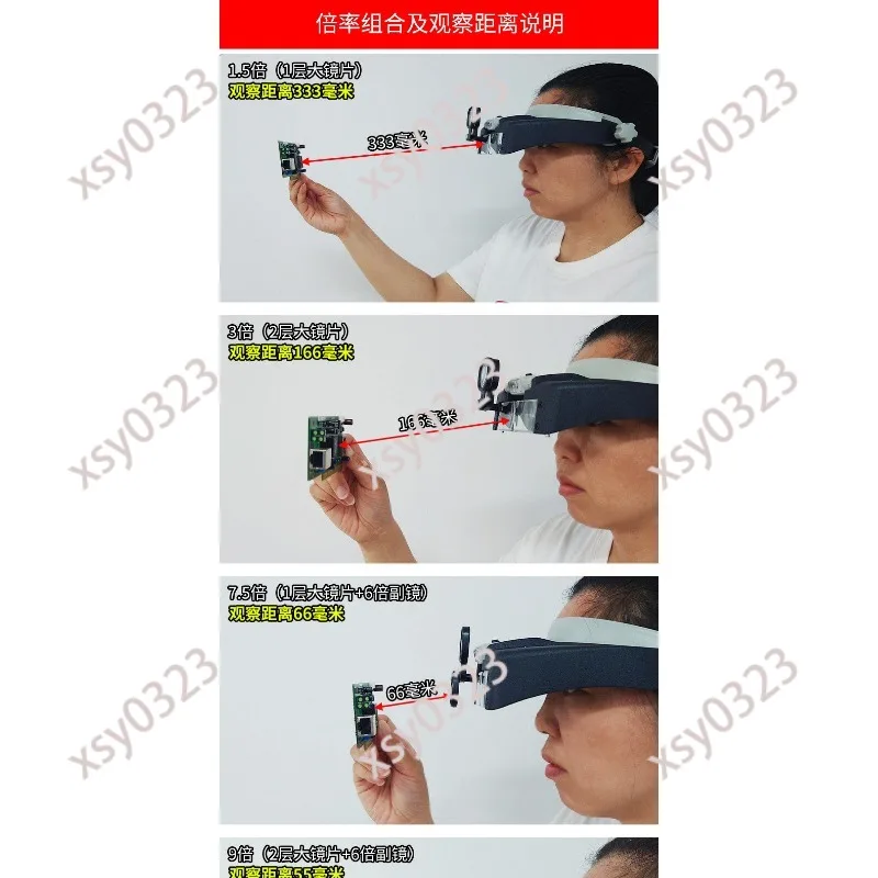 Head Mounted Magnifying Glass with LED Light HD for Electronic Watch Repair Portable