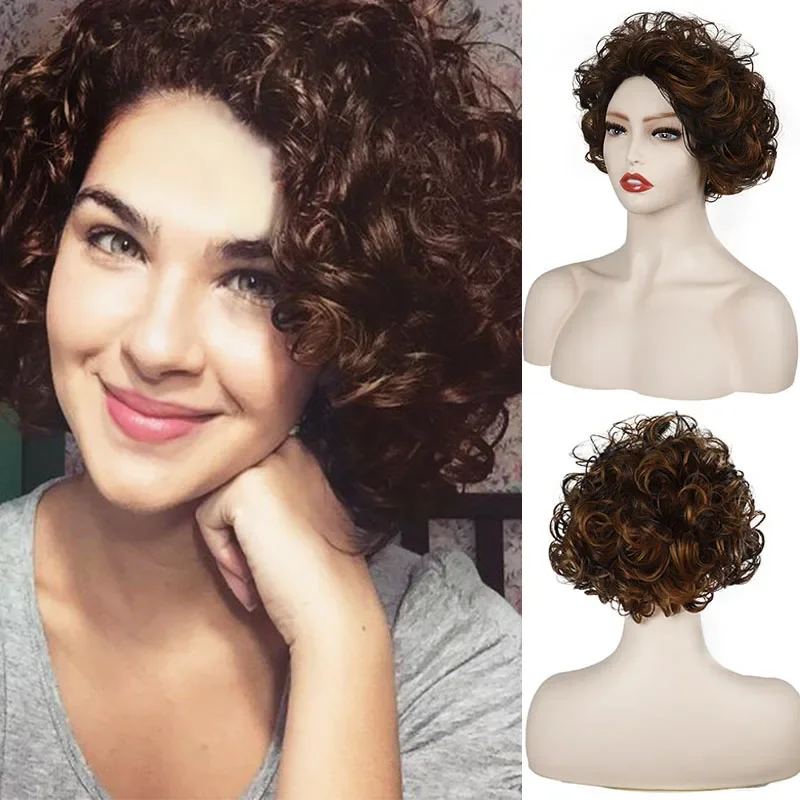 Synthetic wigs Short Curly For black/White Women Heat resistant With Natural Part Side Brown Daily Cosplay