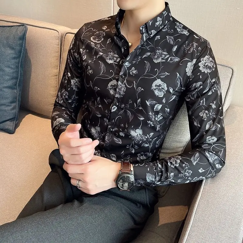 Fashion Lapel Button Spliced All-match Printed Shirts Men's Clothing 2023 Spring New Loose Casual Tops Long Sleeve Korean Shirt