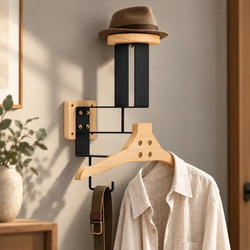 Wall-Mounted Gear Helmet & Clothing Storage Rack with Clear-Coated Pine and Metal Frame, Multi-Level Rack B03E
