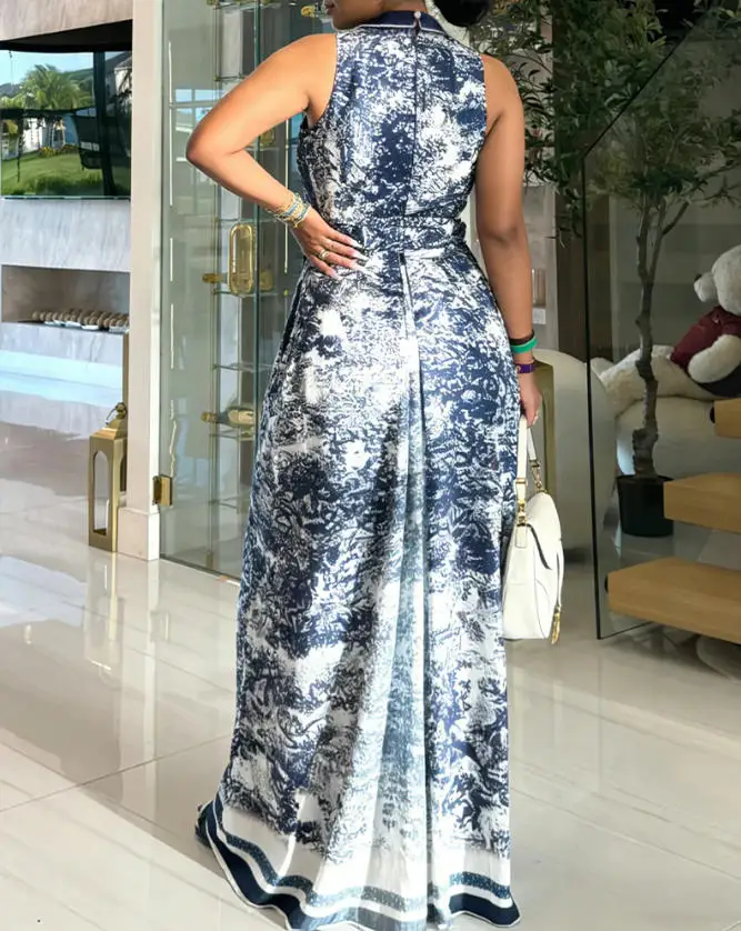 

Vintage Ink Print Turn-down Collar Sleeveless Butto Front Maxi Dress Casual Zipper Back Tie Waist Side High Slit Vacation Dress