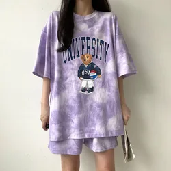 2 Piece Suit Women T-shirt Shorts Sets Tie Dye Loose Bear Printed T Shirt And Shorts Female Casual Soft Summer Sets Oversize