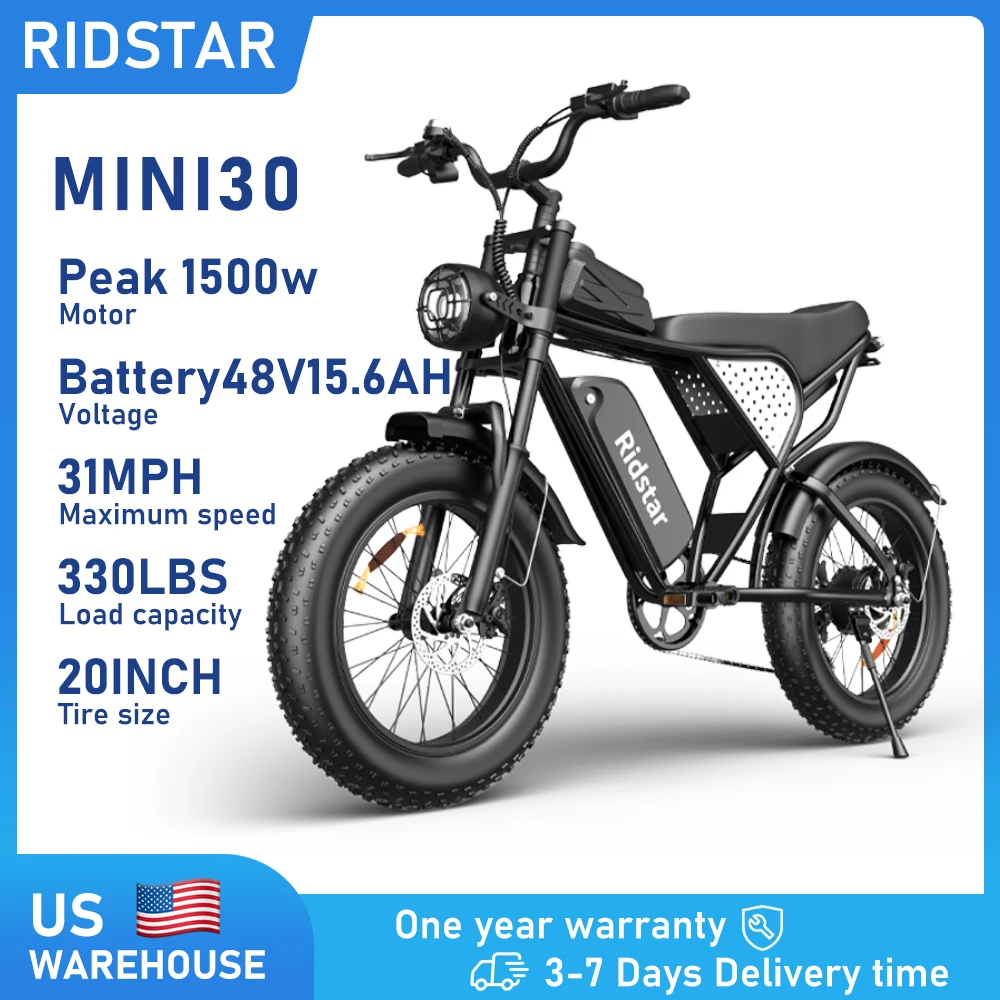 

Электровелосипед Ridstar для взрослых, пиковая мощность 1500 Вт, скорость до 31 миль/ч, 48 В, 15.6 Ач, MINI30, электрический велосипед с толстыми шинами 20x4 дюйма, горный велосипед