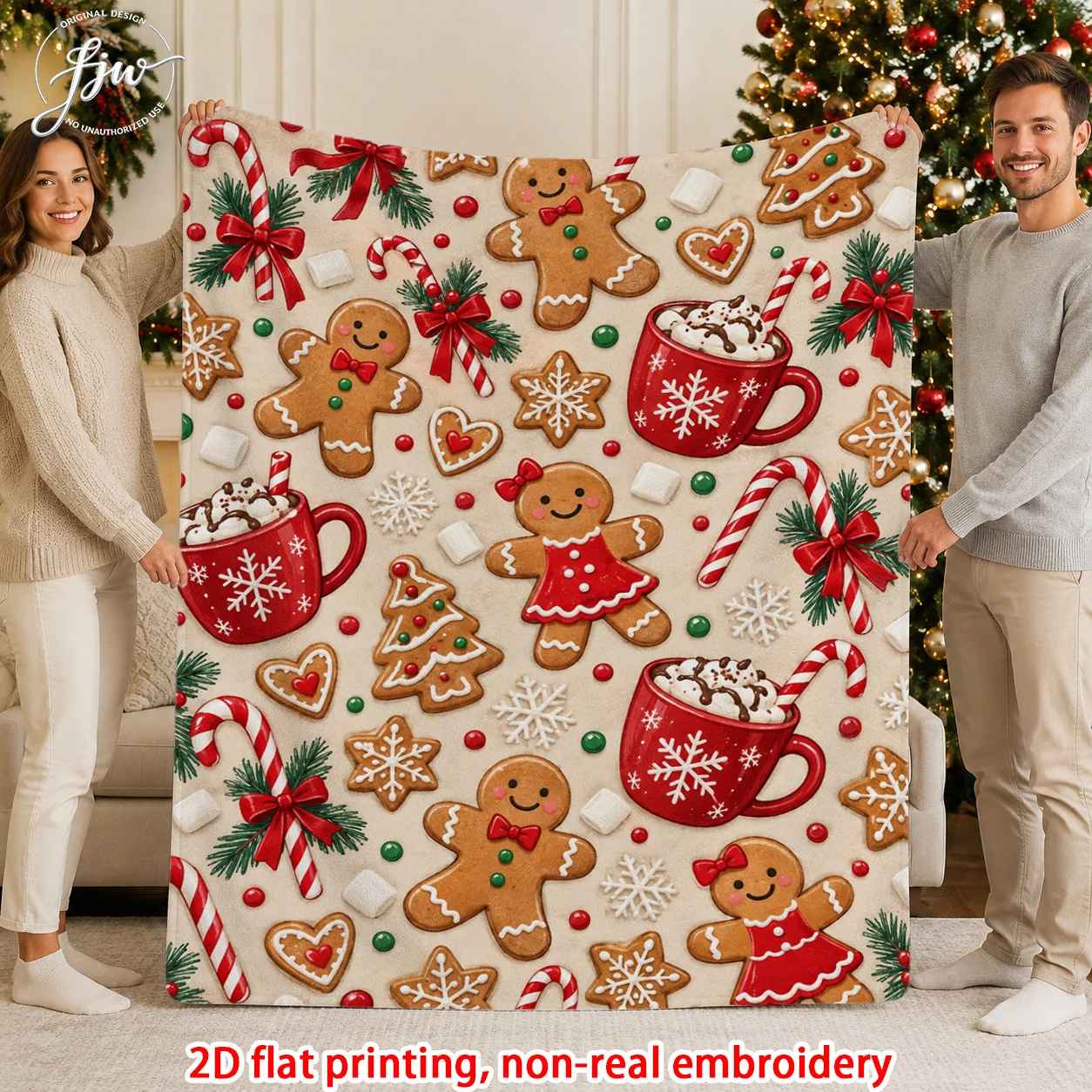 1pc 2D Flat Christmas Blanket, Gingerbread Man with Hot Chocolate & Candy Cane Print, Ultra Soft Cozy Throw for Bed, Sofa, Chair
