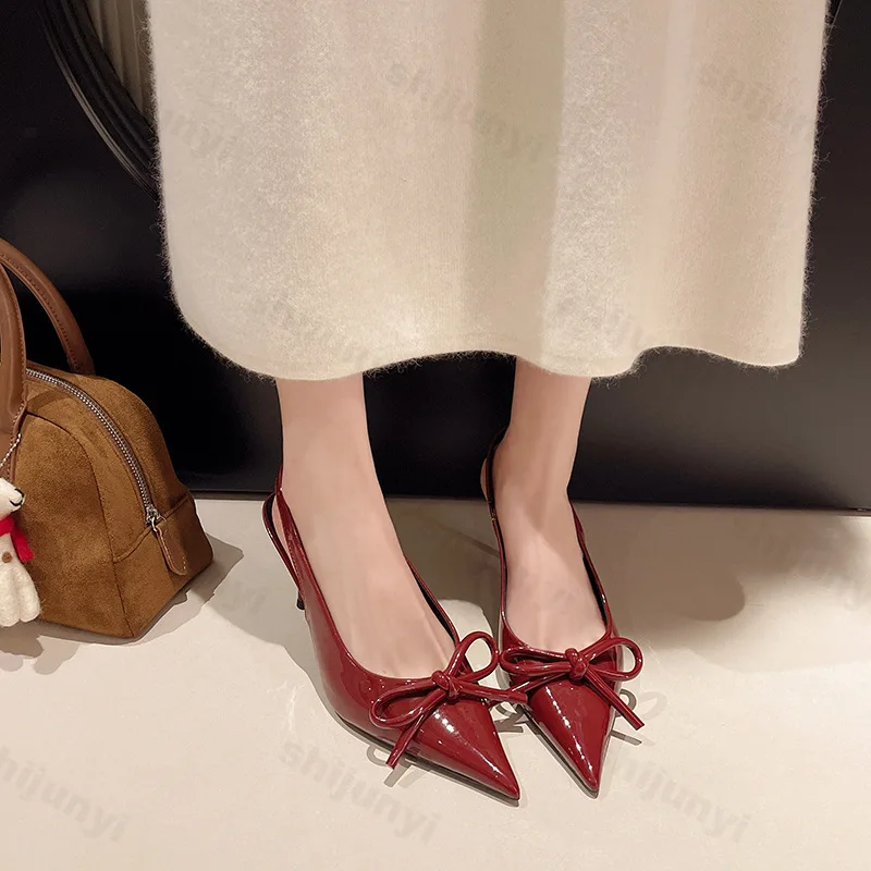 

Женские туфли-лодочки, босоножки на высоком каблуке с острым носком, лето 2024, пикантные модные модельные сандалии с бантом, элегантные сабо, женская обувь на тонком каблуке