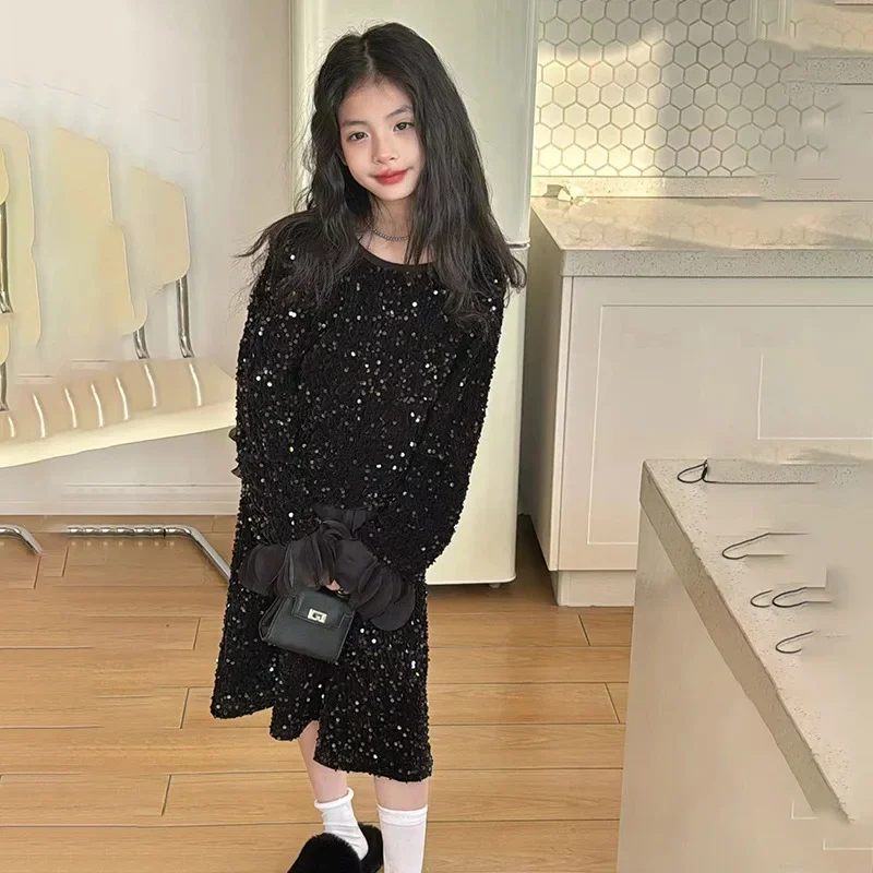 Girls Spring  2024 New Foreign Style Children's Long Sleeve  Fashionable Girls Big Kids Suit Sequins Heavy Industry Skirt Tide