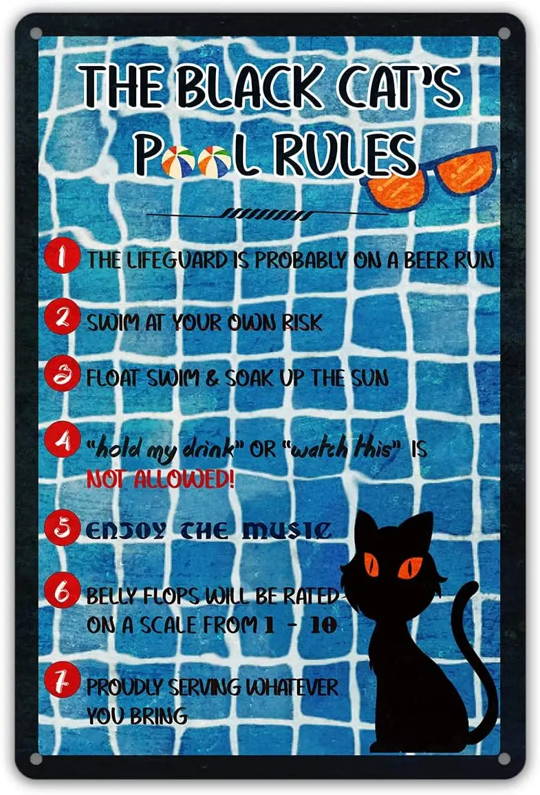 Funny Bathroom Quote Metal Tin Sign Wall Art Decor Retro the Black Cat;s Pool Rules for Home Swimming Gifts