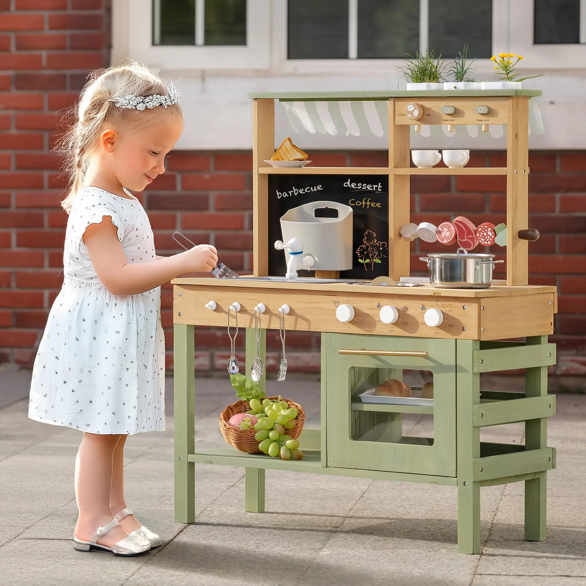 ROBUD Mud Kitchen Outdoor Solid Wooden Play Kitchenwith Barbecue Grill Removable Sink Faucet Monteeori Toys for Children Ages 3+