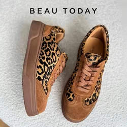 BEAUTODAY Fashion Leopard Sneakers Women Cow Suede Lace-up Round Toe Patchwork Ladies Shoes Handmade 29895