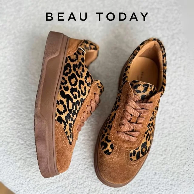 BEAUTODAY Fashion Leopard Sneakers Women Cow Suede Lace-up Round Toe Patchwork Ladies Shoes Handmade 29895