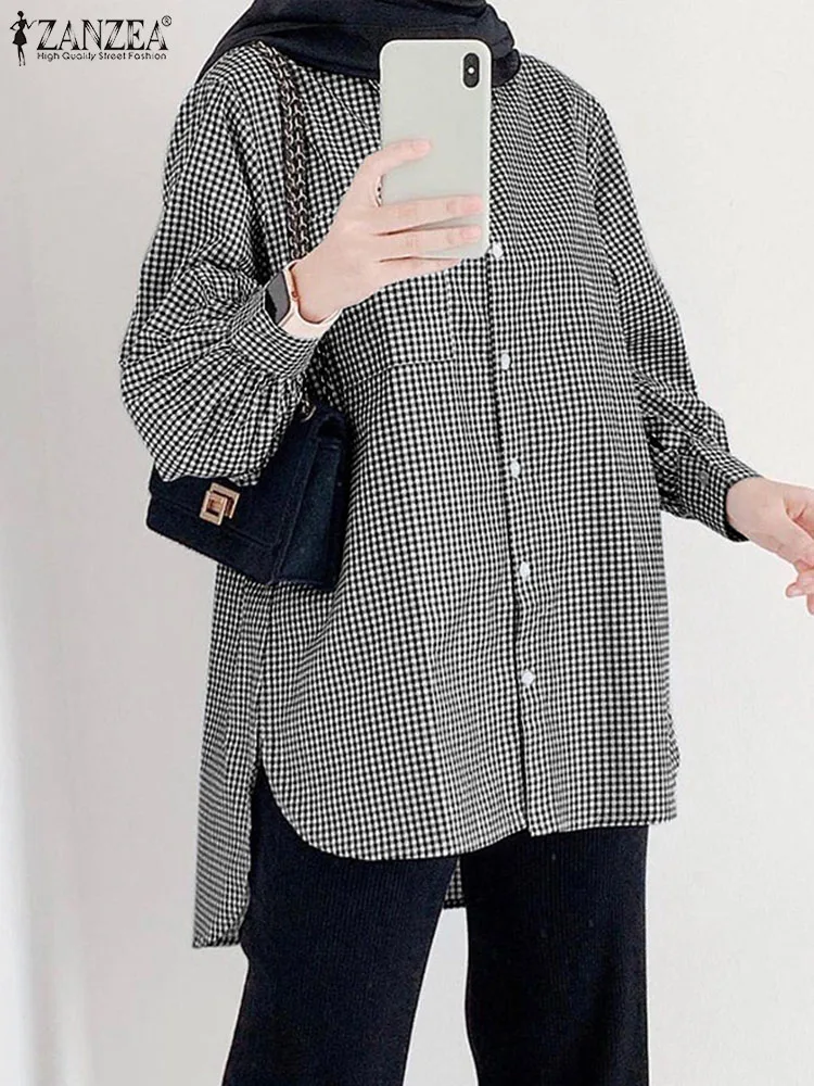 Muslim Tops For Women Spring Full Sleeve Plaid Checked Long Shirt Isamic Clothing ZANZEA Dubai Turkey Abaya Turkish Blouse 2023