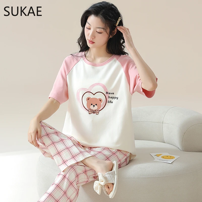 SUKAE Cute Animals Short Sleeves Full Pants Cartoon Sleepwear Women Summer Leisure Pajamas Nightwear Faux Cotton Girls Nightwear