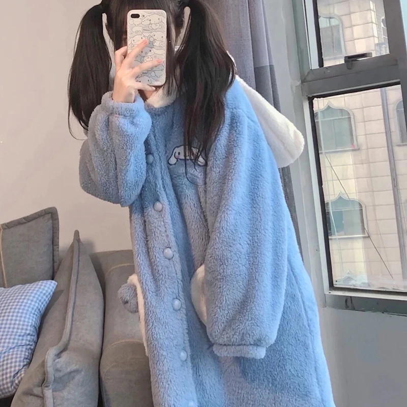 Sanrio Cinnamoroll Babycinnamoroll Coral Velvet Night-Robe Female Winter Student Cute Bathrobe Thick Thermal Pajamas Girls Gift