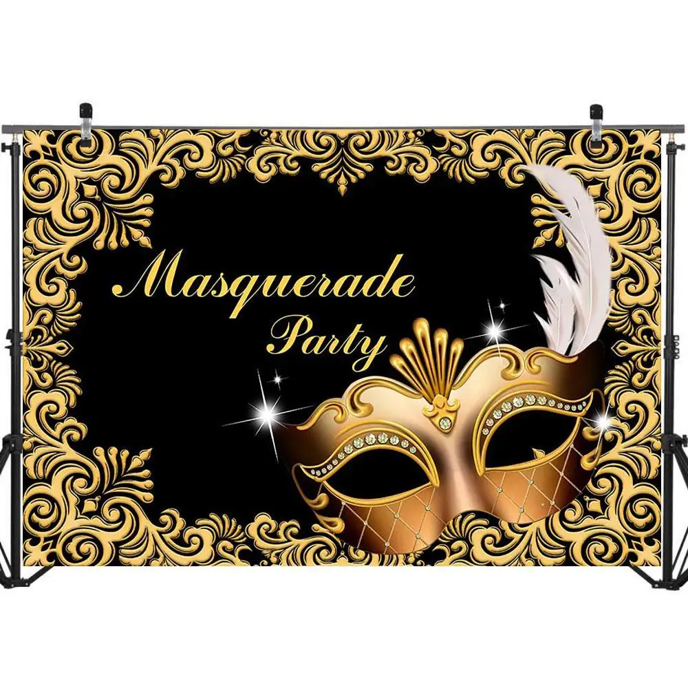 Nitree Masquerade Backdrop Gold Feather Diamond Mask Photography Background Luxury Vintage Pattern Custom Background for Photo