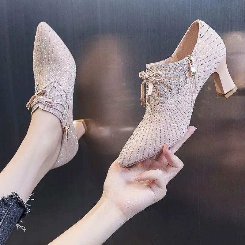 2024 Women\'s Summer Hollow Mesh Shoes Fashion Rhinestone Bow Square Heel Pointed Toe High-heeled Shoes Side Zipper Woman Pumps