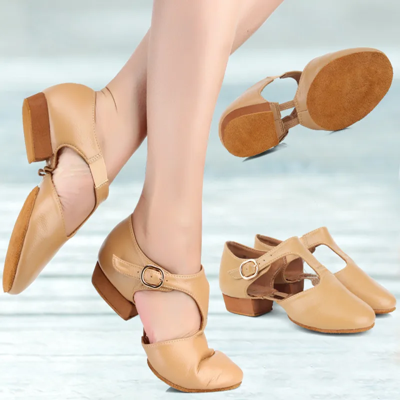 Zapatos de baile de Jazz de cuero genuino para mujeres y niñas, zapatos de baile lírico de Ballet con correa en T, sandalias de baile para