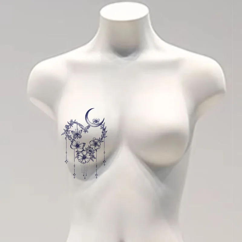 Adesivi temporanei per il petto della luna della farfalla della ghirlanda sexy Adesivi per tatuaggi alla moda con succo di erbe impermeabili e resistenti al sudore