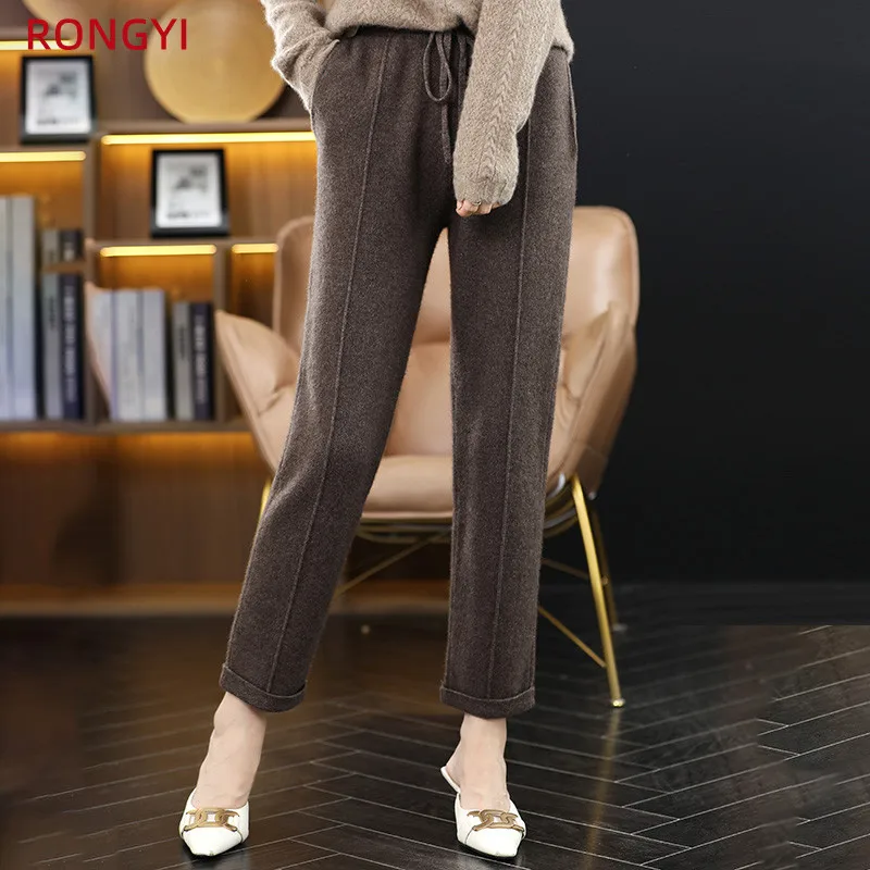 RONGYI 1O0% Merino Wool Women Pencil Pants With Pocket Thickened Autumn And Winter Warm Cashmere Knitted Wide Leg Pants Solid