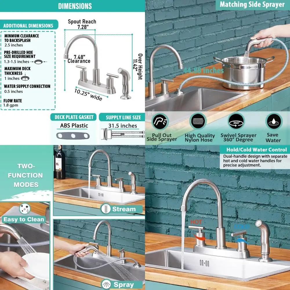 

Stainless Brushed Nickel Touch Kitchen Faucet with Side Sprayer for 3-4 Hole Sinks