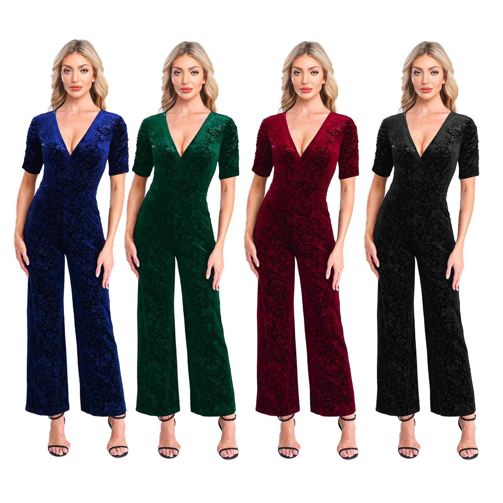 섹시한 랩 V넥 여성용 자카드 스트레이트 바지 롱 팬츠 원피스 점프수트 벨벳 플로럴 파티 롬퍼스 축제 의상