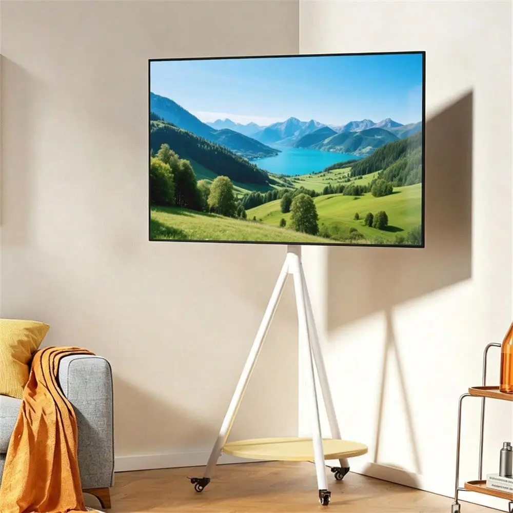 Mid Century TV Floor Stand For 40 75 Corner TV Stand With Wheels Round Shelf Height Adjustable Rolling TV Mount Tripod Base, Ma