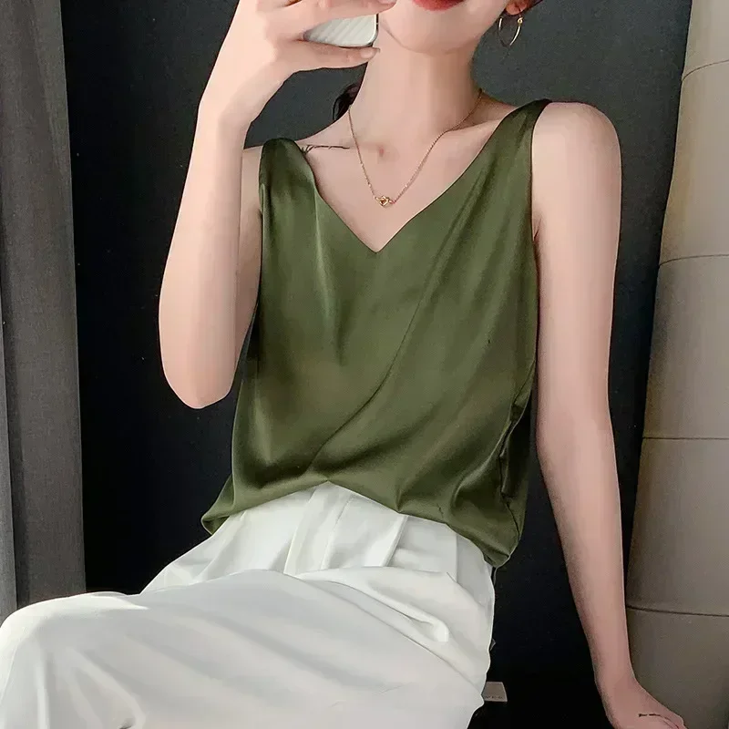 Strap Top Women Halter V Neck Basic White Cami Sleeveless Satin Silk Tank Tops Women\'S Summer Camisole